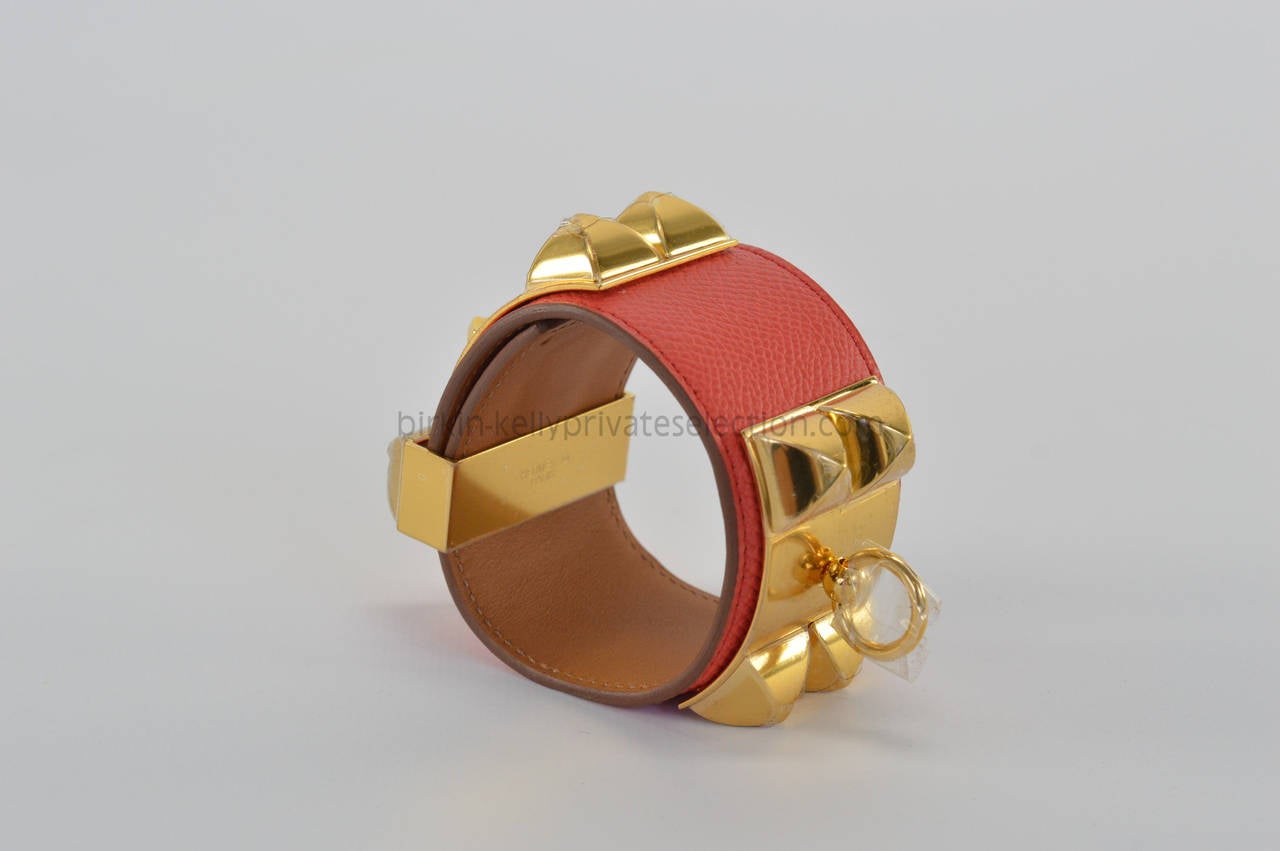 Women's HERMES Bracelet Cuir Collier Chien Epson Rose Jaipur GOLD HARDWARE Size S