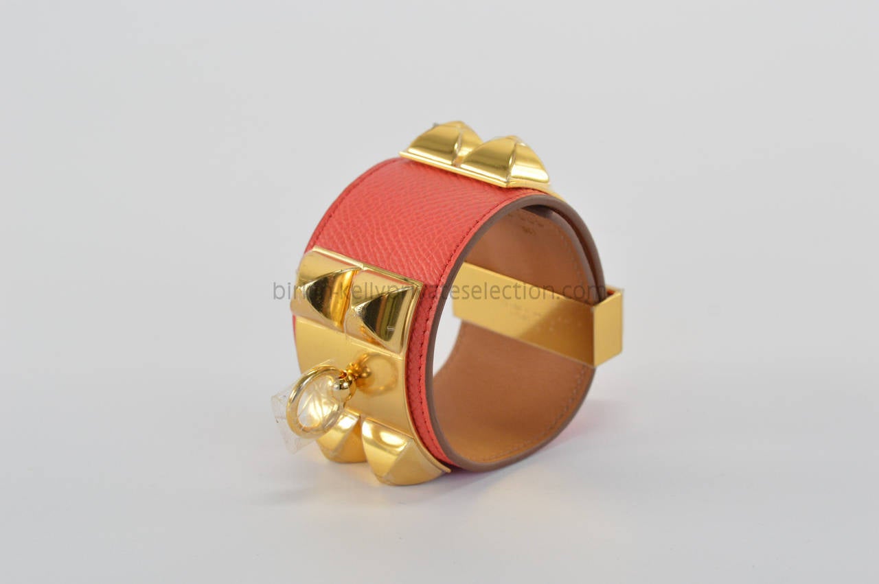 HERMES Bracelet Cuir Collier Chien Epson Rose Jaipur GOLD HARDWARE Size S 1