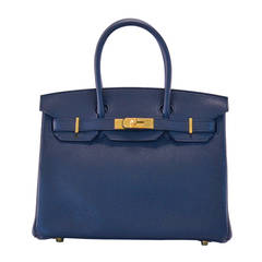 Hermes Handbag Birkin 30 Taurillion Clemence Blue Gold Hardware 2015.