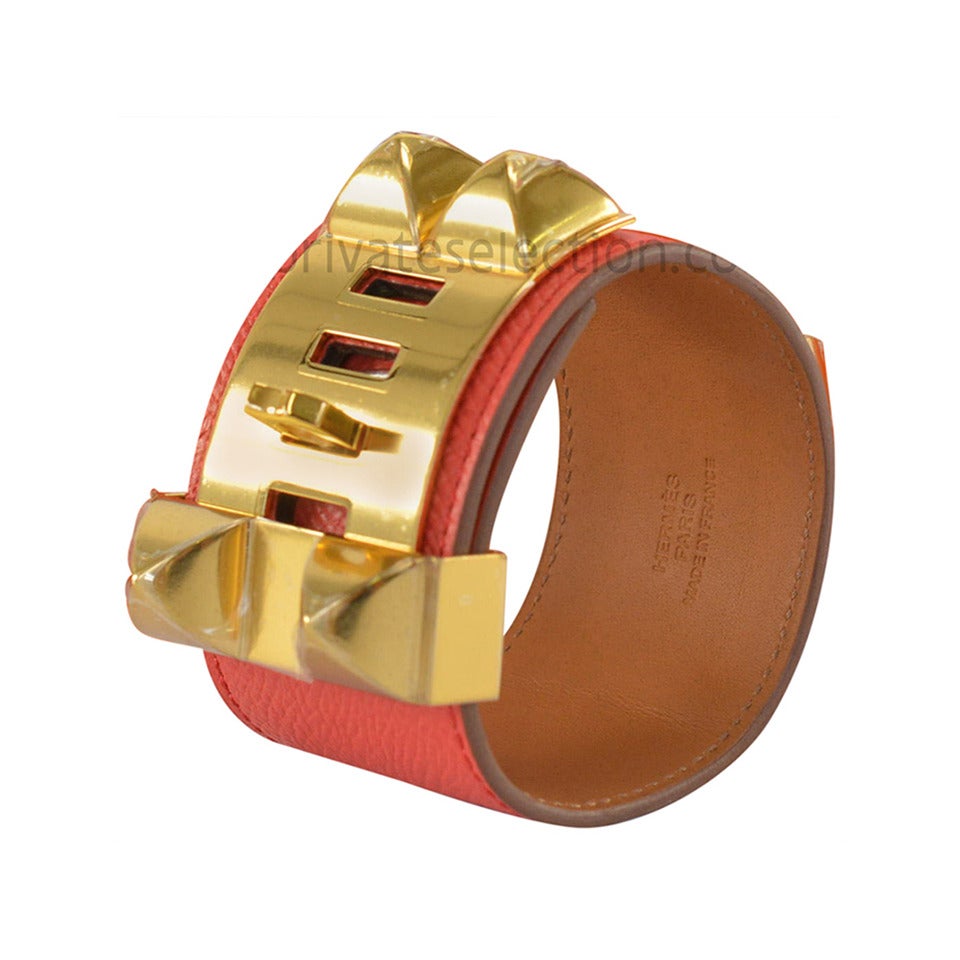 HERMES Bracelet Cuir Collier Chien Epson Rose Jaipur GOLD HARDWARE Size S