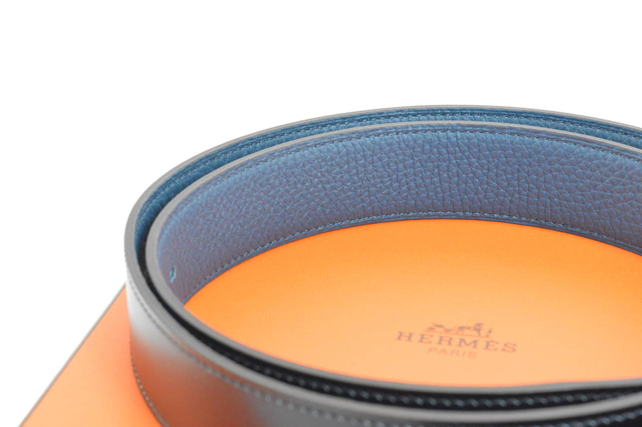 HERMES Belt QUENTIN BOX/TOGO NOIR/BLEU DE PRUSSE BUCKLE H PALLADIUM