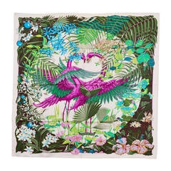 Hermes Carre Twill 100% Silk FLAMINGO PARTY BLANC-VERT-FUSHIA