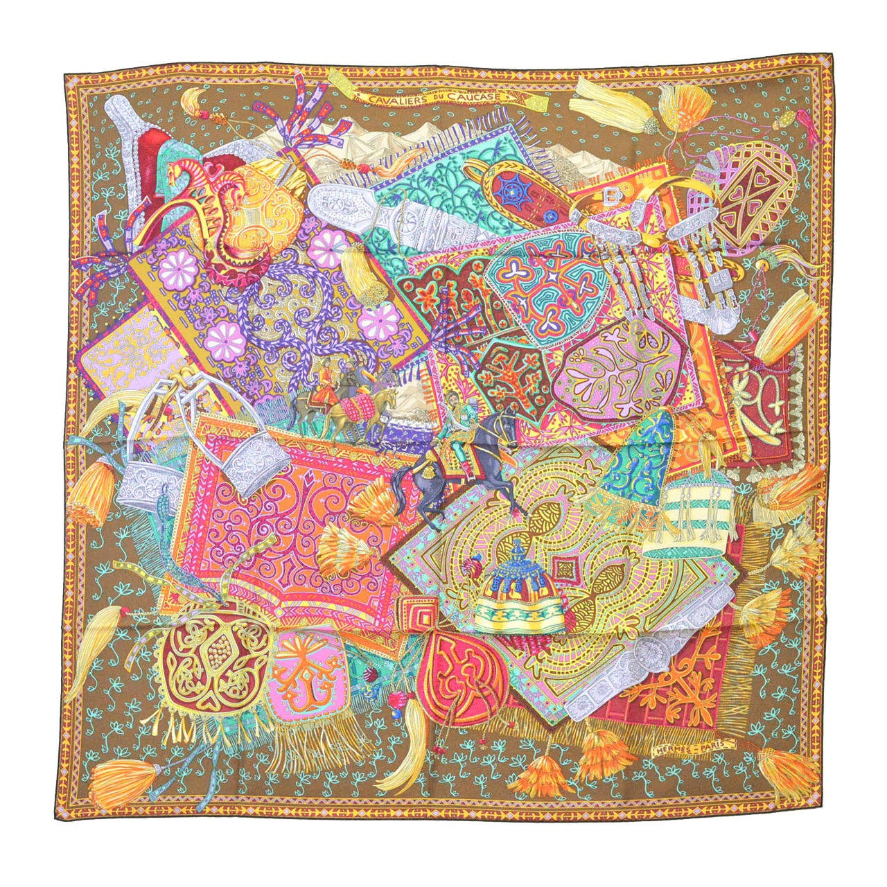 Hermes Carre Twill 100% Soie CAVALIERS DU CAUCASE TABAC ORANGE MULTICO