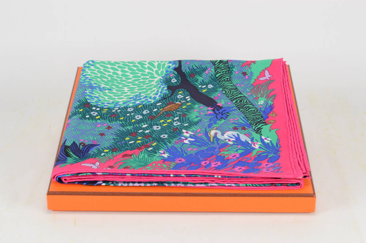 HERMES Carre 90 TWILL DANS UN JARDIN ANGLAIS ROSE VIFT/VERT/MAUVE 3
