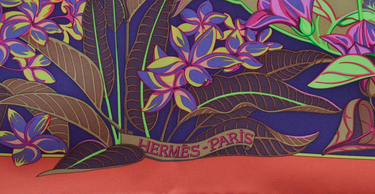 Hermes Carre Twill 100% Soie FLAMINGO PARTY ORANGE-BRUN-VIOLET 3