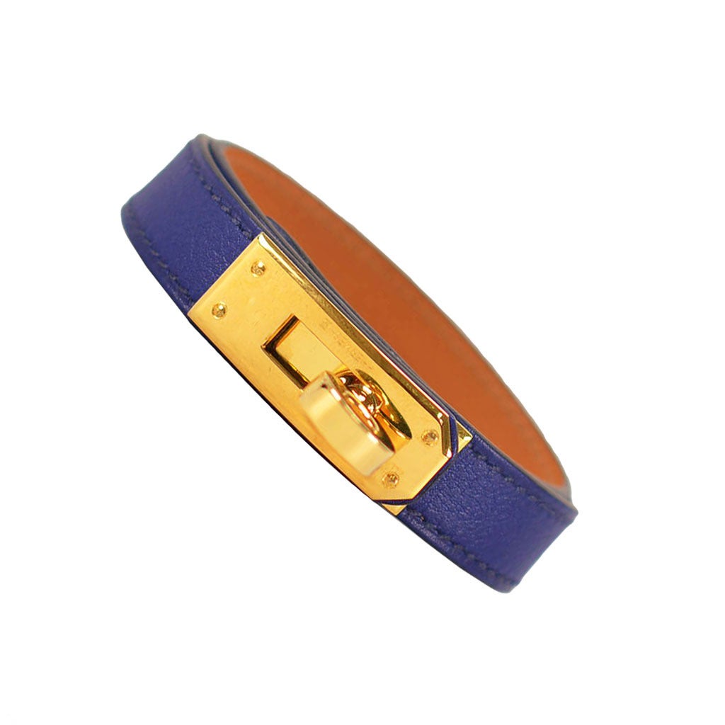 Hermes Bracelet Kelly Double Tour VEAU SWIFT BLEU SAPHIR GOLD Hardware Size M