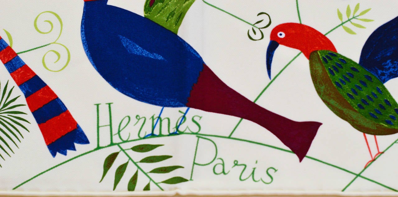 Women's Hermes Carre 90 Twill Seda Le Bal Des Oiseaux Ecru/Vert/Brique