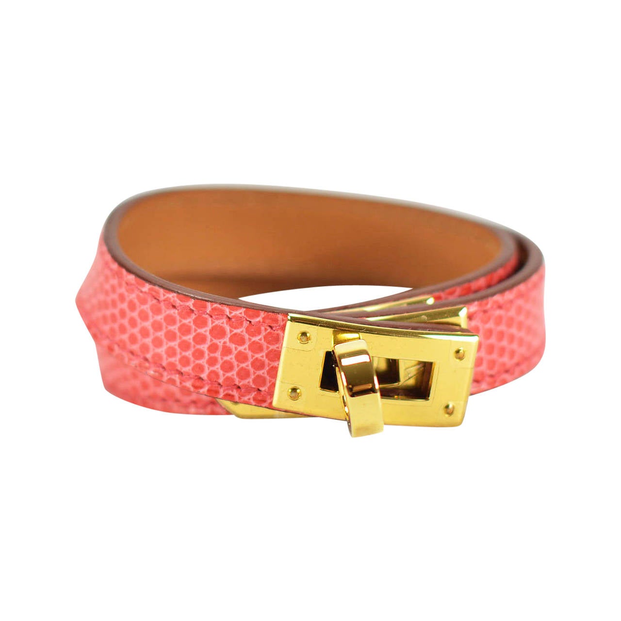 HERMES 2015 Bracelet KELLY DOBLE TOUR LIZARD NILOTICUS GOLD HARDWARE SIZE M