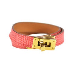 HERMES 2015 Bracelet KELLY DOBLE TOUR LIZARD NILOTICUS GOLD HARDWARE SIZE M