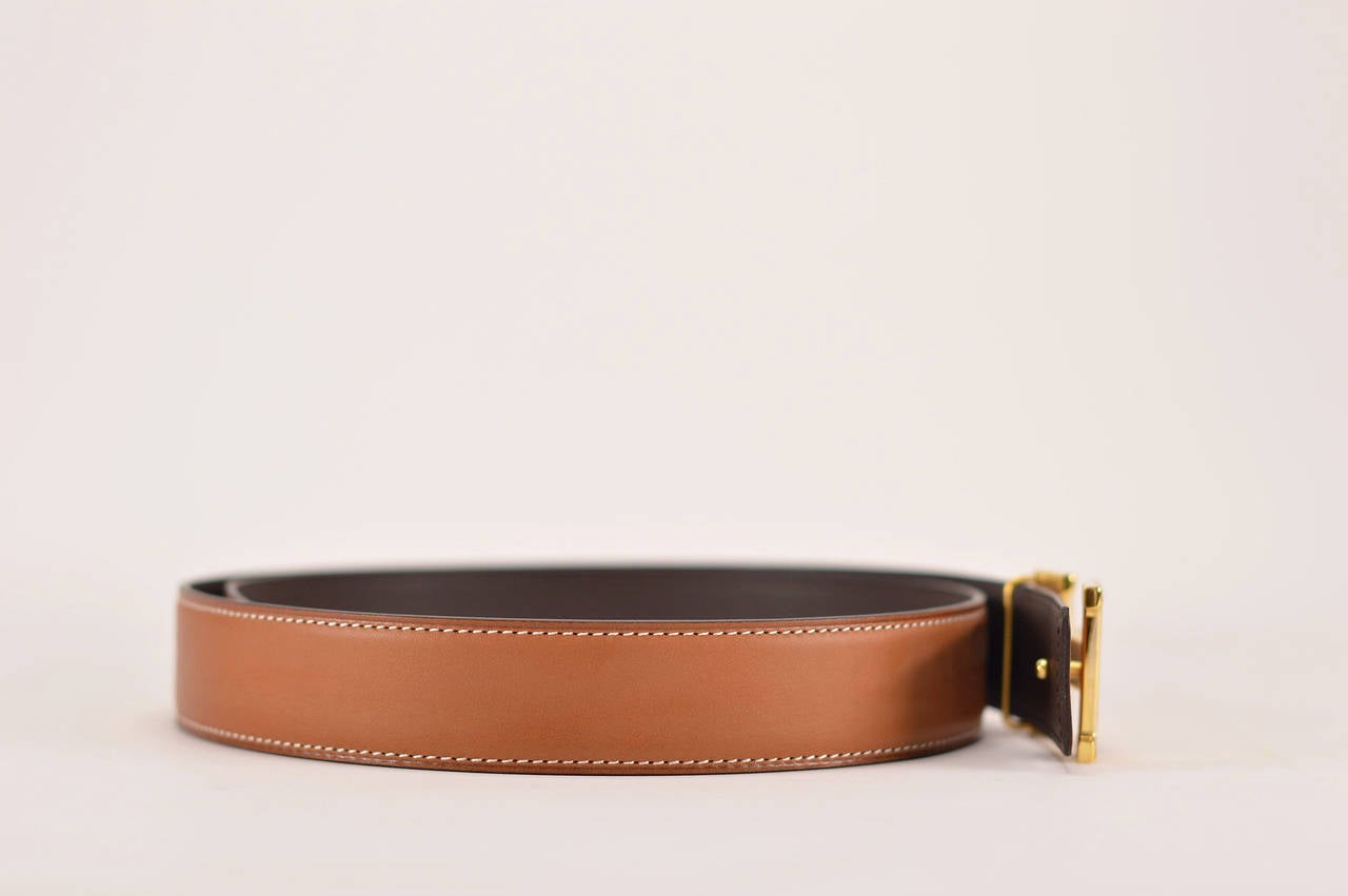 HERMES 2015 Belt BARENIA LEATHER CHOCOLAT 85CM GOLD HARDWARE In New Condition In Miami, FL