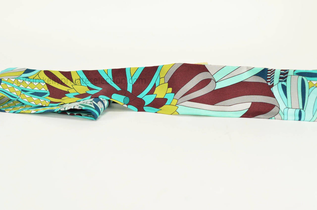 Women's Hermes Twilly 100% Silk LES FLOTS DU CHEVAL TURQUOISE/BORDEAUX/AQUA 2015
