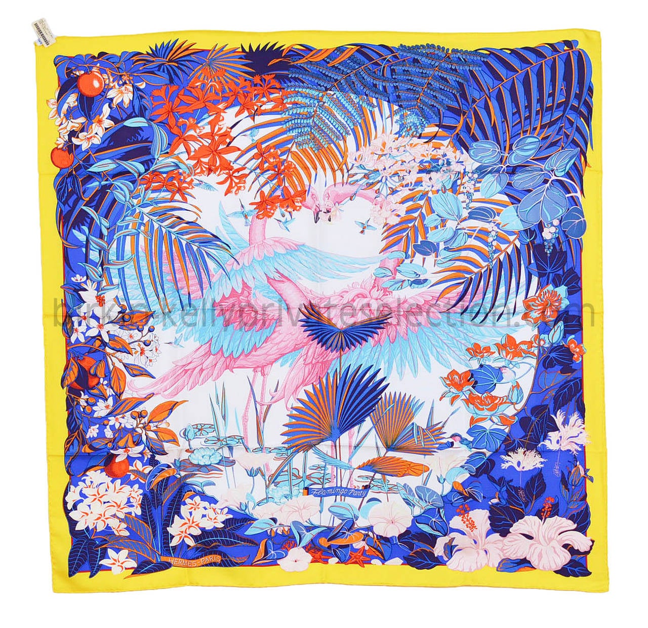 Hermes Carre Twill 100% Silk FLAMINGO PARTY  Yellow Blue White 2015.