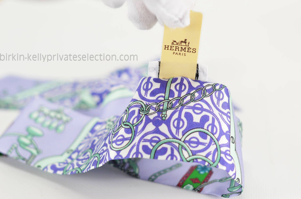 Hermes Twilly 100% Silk MORS ET GOURMETTES VIOLET GREEN PURPLE 2015 In New Condition In Miami, FL