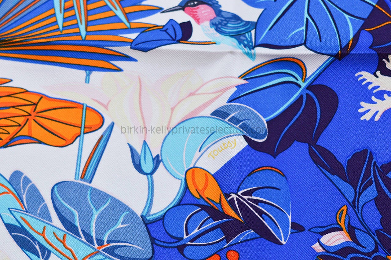 Hermes Carre Twill 100% Silk FLAMINGO PARTY  Yellow Blue White 2015. 6