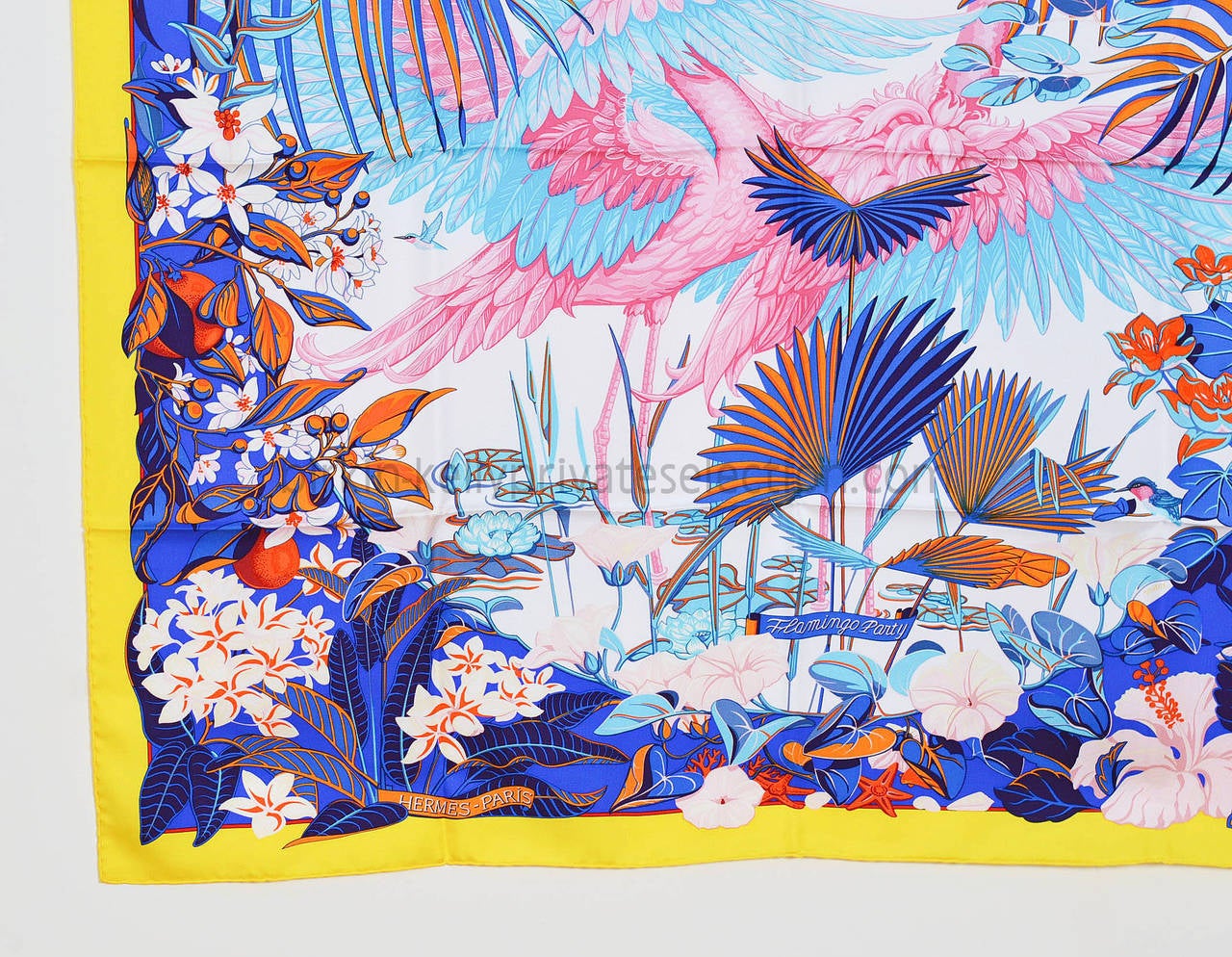 Hermes Carre Twill 100% Silk FLAMINGO PARTY  Yellow Blue White 2015. 1