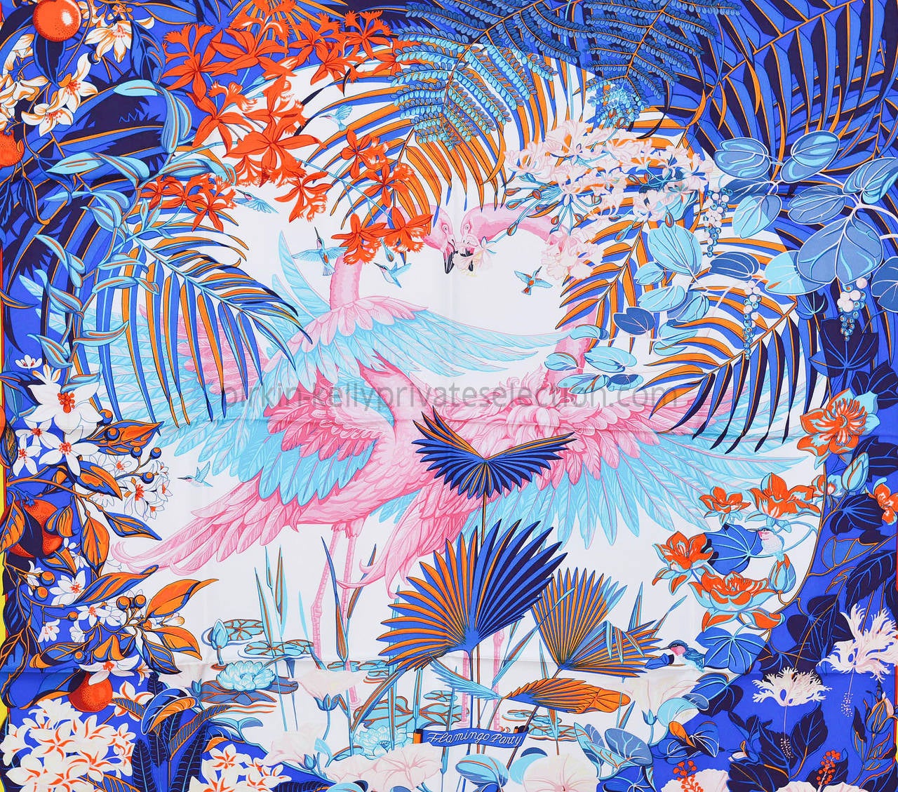 Hermes Carre Twill 100% Silk FLAMINGO PARTY  Yellow Blue White 2015. 3