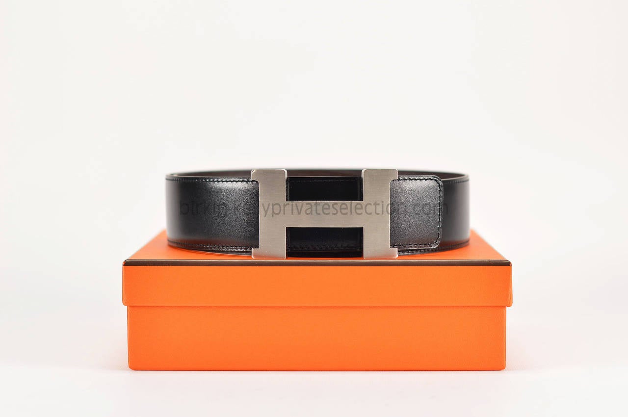 HERMES Belt H BOX CHAMONIX LEATHER BLACK CHOCOLAT PALLADIUM REVERSIBLE ...