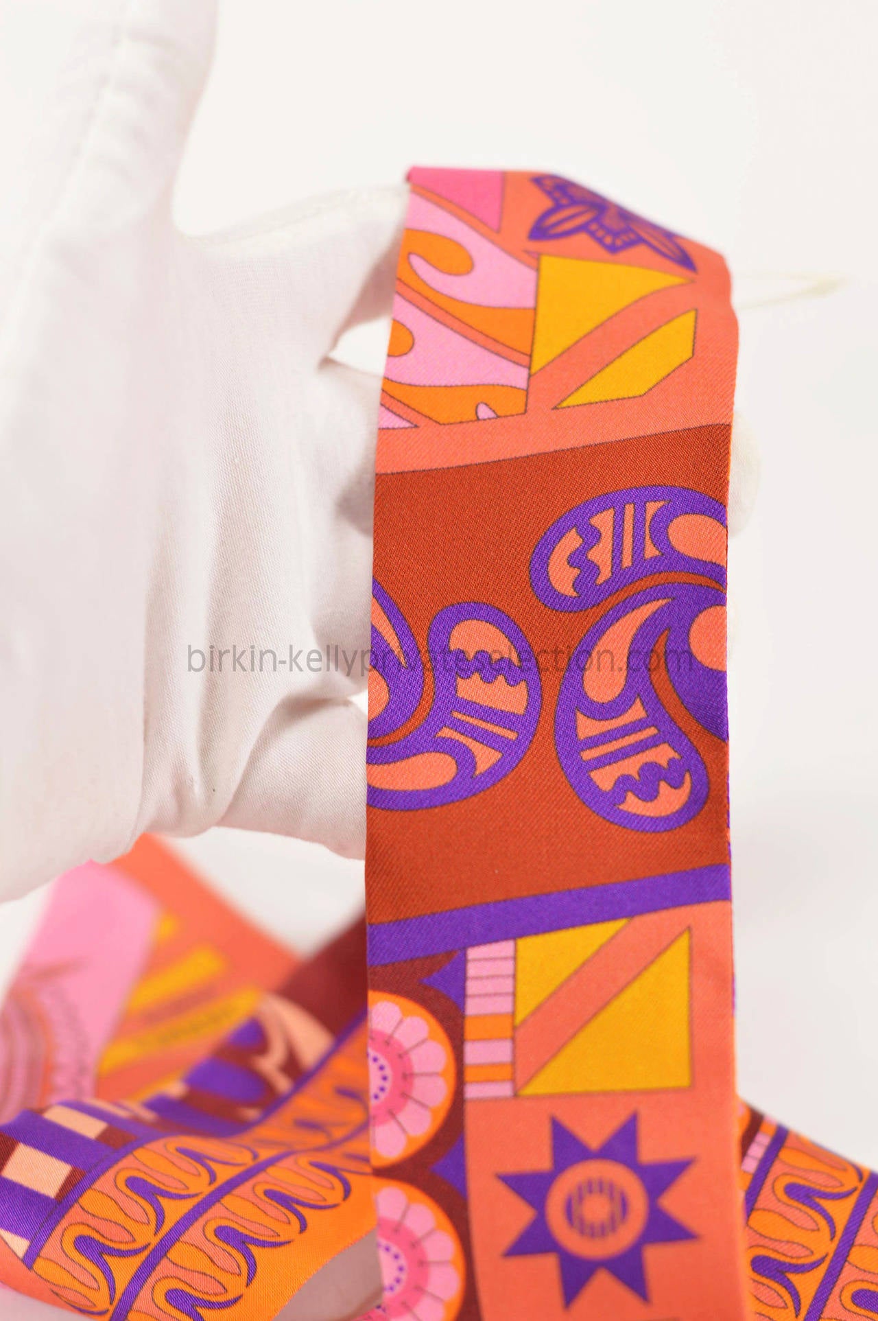 HERMES TWILLY TWILL 100% Silk GEOMETRIE CRETOISE Orange/Brown/Pink ...  