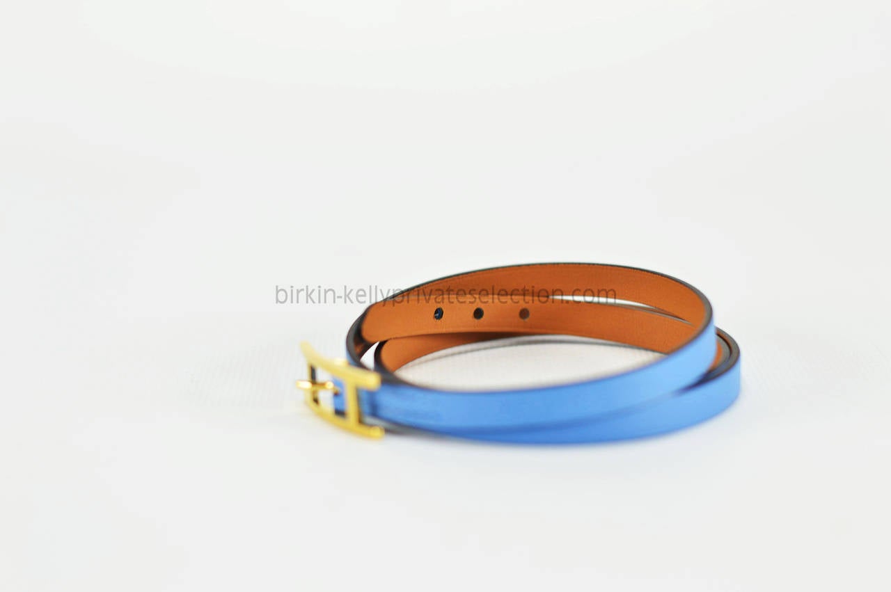 Hermes BRACELET CUIR HAPI 3MM VEAU SWIFT Blue Paradis Gold Hardware 2015.

 Pre-owned and never used.

Bought it in herm store in 2015.

Size; PM.

Color; BLUE PARADIS.

Model; BRACELET CUIR HAPI 3MM VEAU SWIFT.

 -Original