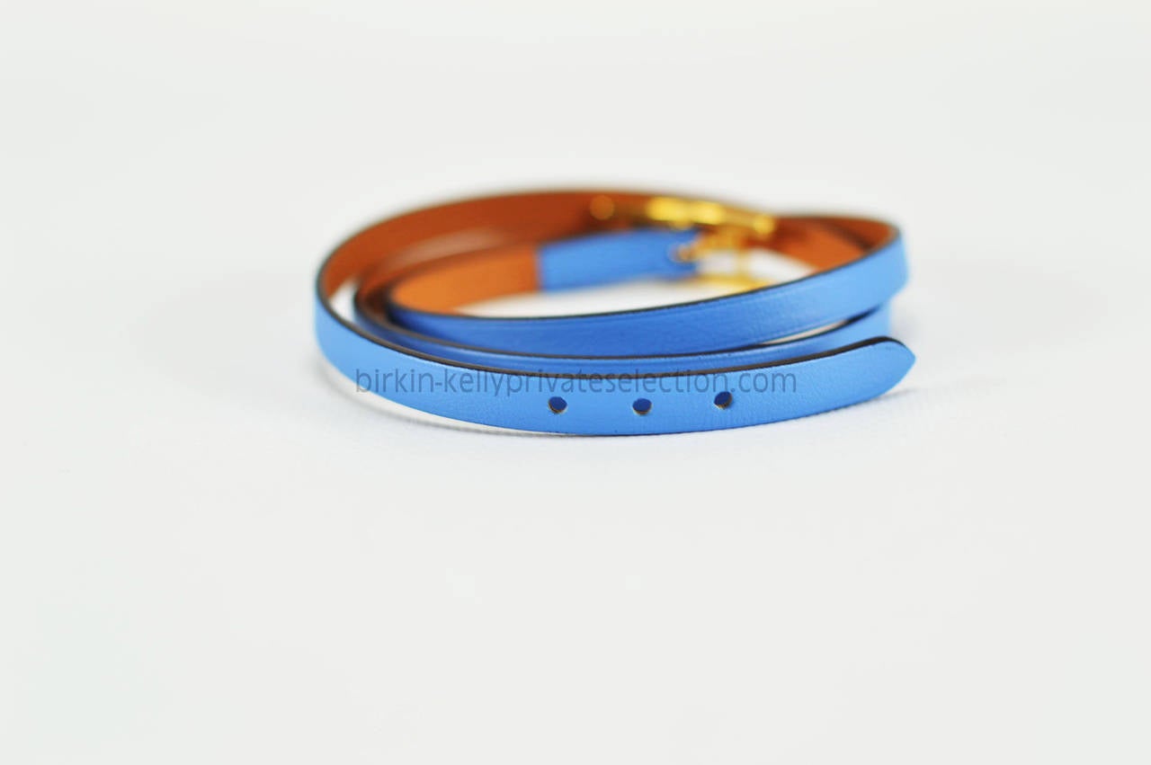 Hermes BRACELET CUIR HAPI 3MM VEAU SWIFT Blue Paradis Gold Hardware 2015. 1