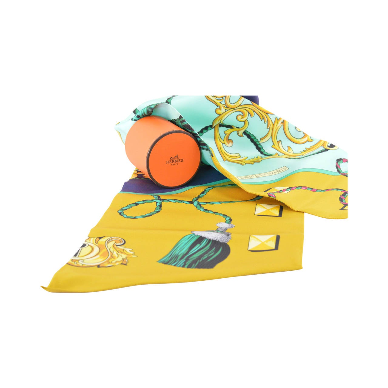 HERMES Maxi Twilly LES CLES Silk YELLOW, GREEN, NAVY BLUE 2015.