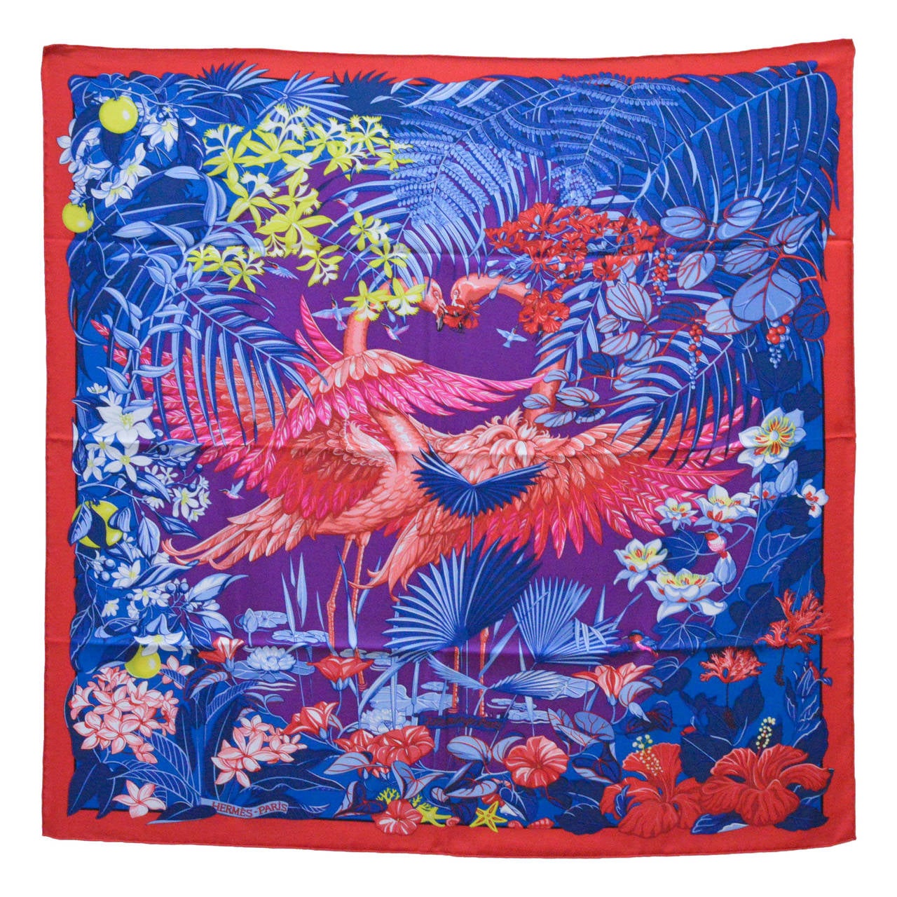 HERMES Carre Twill FLAMINGO PARTY Silk RED, PURPLE 2015.