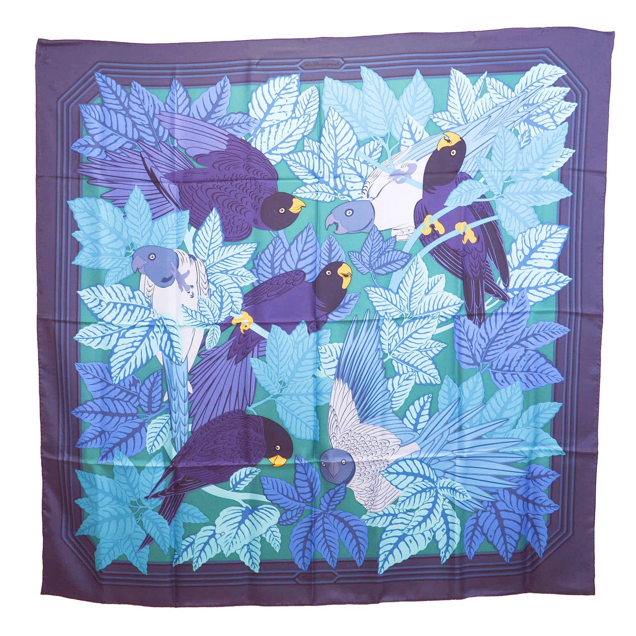 Hermes CARRE 140 cm  Silk LES PERROQUETS Blue Navy Green Blue 2015.
