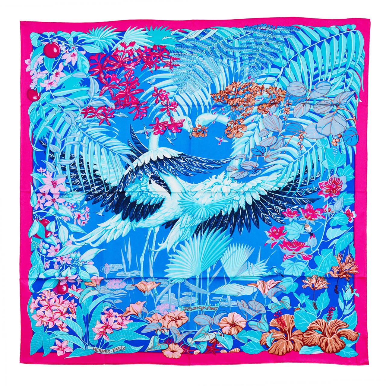 HERMES Carre Twill FLAMINGO PARTY Silk PINK, BLUE SKY 2015. at 1stdibs  