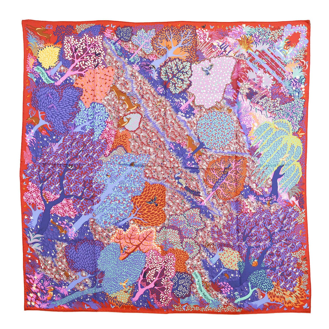 HERMES CARRE Twill Silk DANS UN JARDIN ANGLAIS Red Purple Turquoise 2015.