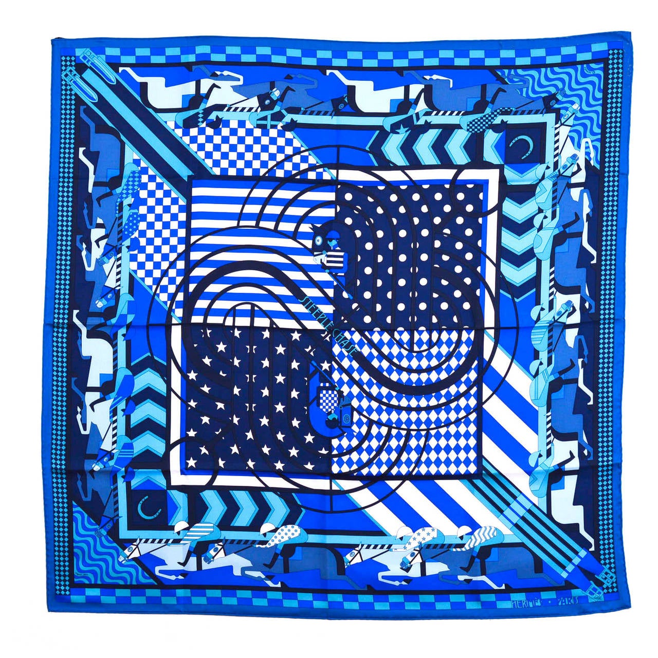 HERMES Carre Twill STEEPLE CHASE Silk TURQUOISE, BLUE SKY, NAVY BLUE 2015.