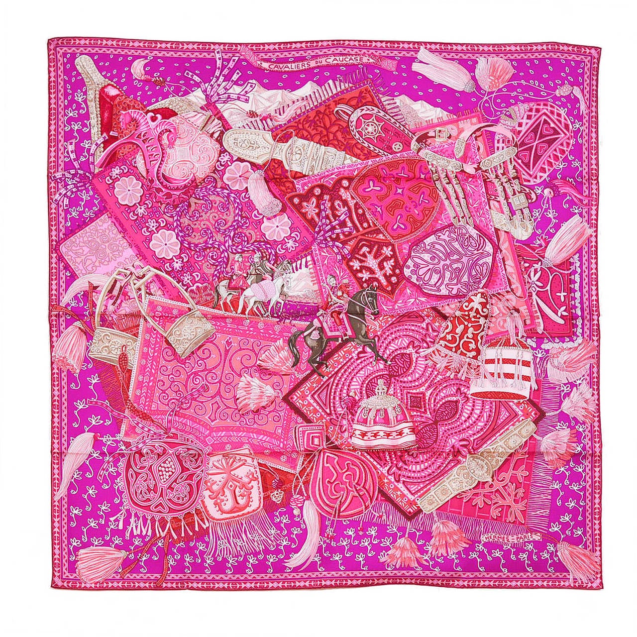 HERMES Carre Twill CAVALIERS DU CAUCASE Silk FUCHSIA, PINK, BEIGE 2015.