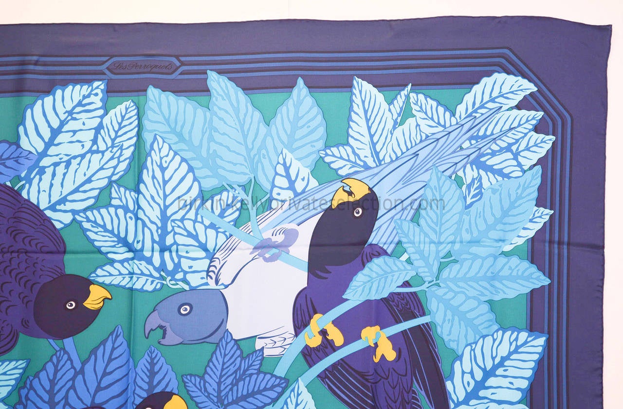 Hermes CARRE 140 cm  Silk LES PERROQUETS Blue Navy Green Blue 2015. In New Condition In Miami, FL