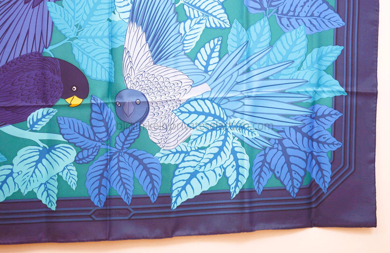 Hermes CARRE 140 cm  Silk LES PERROQUETS Blue Navy Green Blue 2015. 1