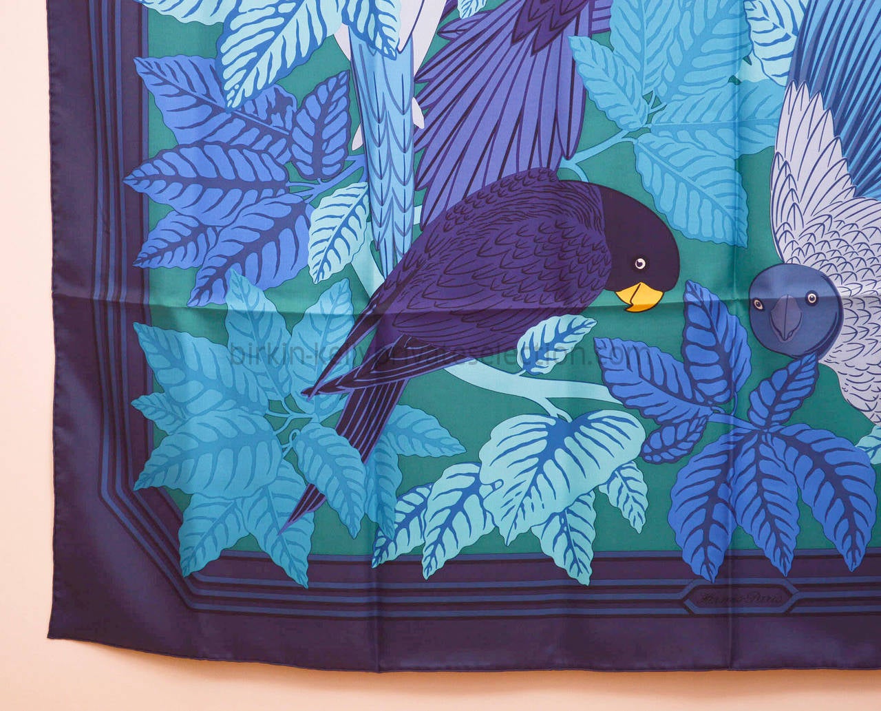 Women's Hermes CARRE 140 cm  Silk LES PERROQUETS Blue Navy Green Blue 2015.