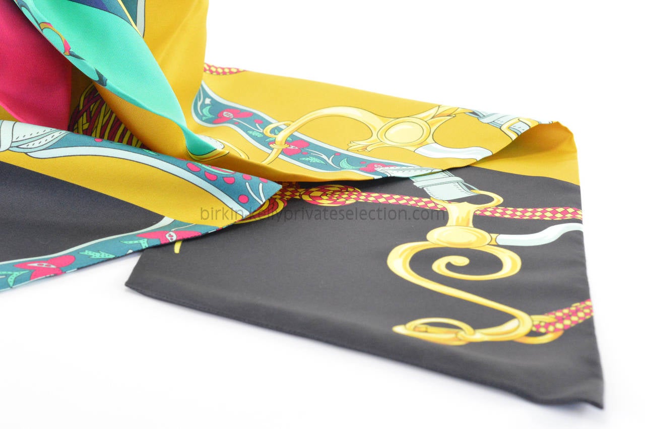 Women's HERMES Maxi Twilly FESTIVAL DES AMAZONES Silk BLACK, GOLD, GREEN 2015.