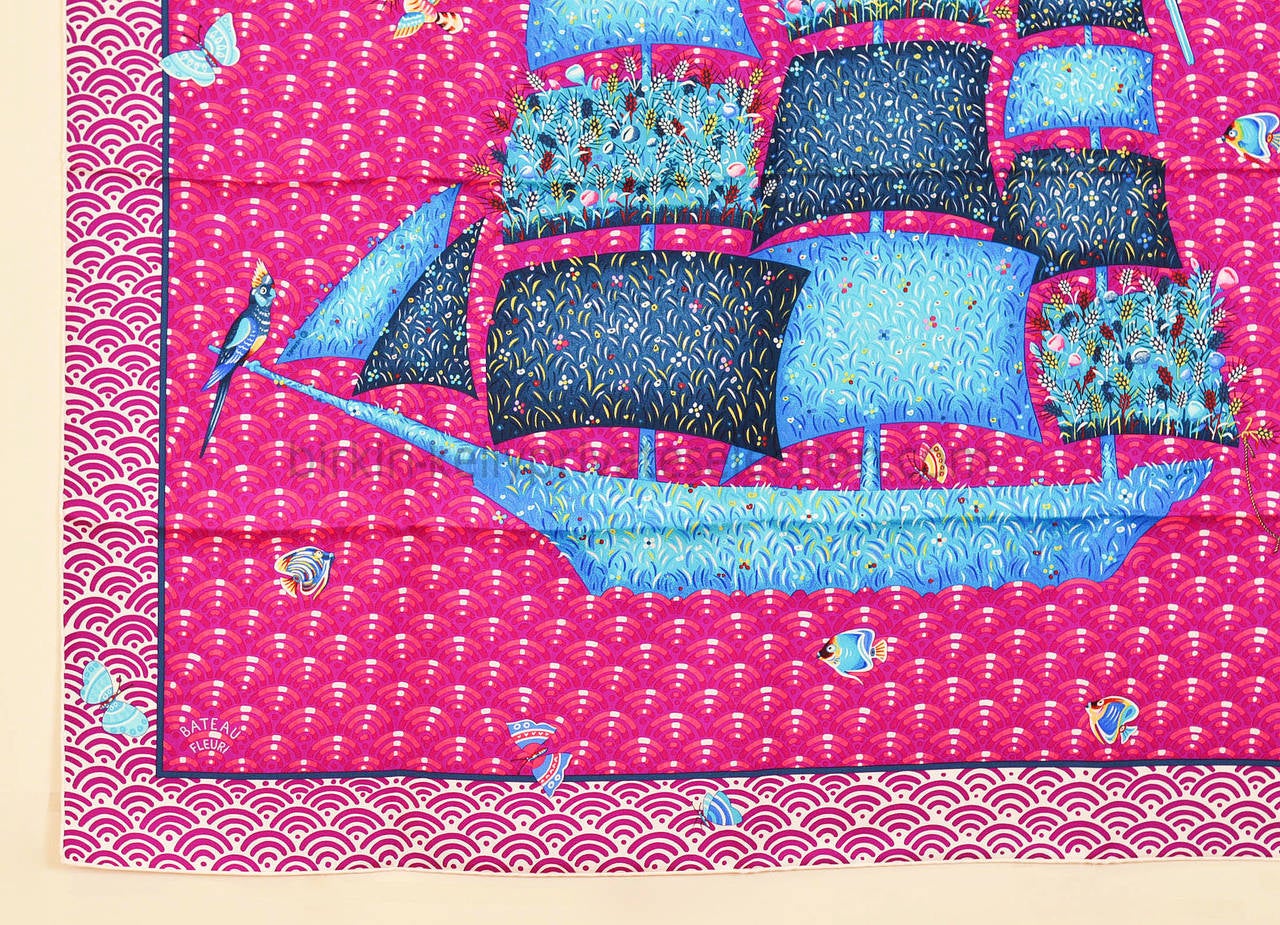 HERMES Carre Twill BATEU FLEURI Silk PURPLE, FUCHSIA 2015. at 1stdibs  