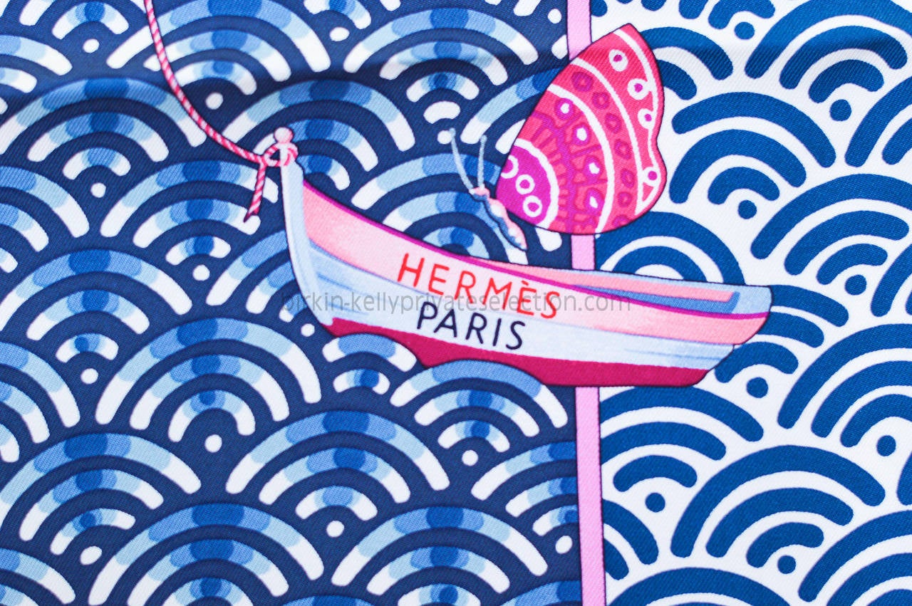 Hermes Carre Twill 100% Silk Bateau Fleuri Blue Pink White 2015. 2