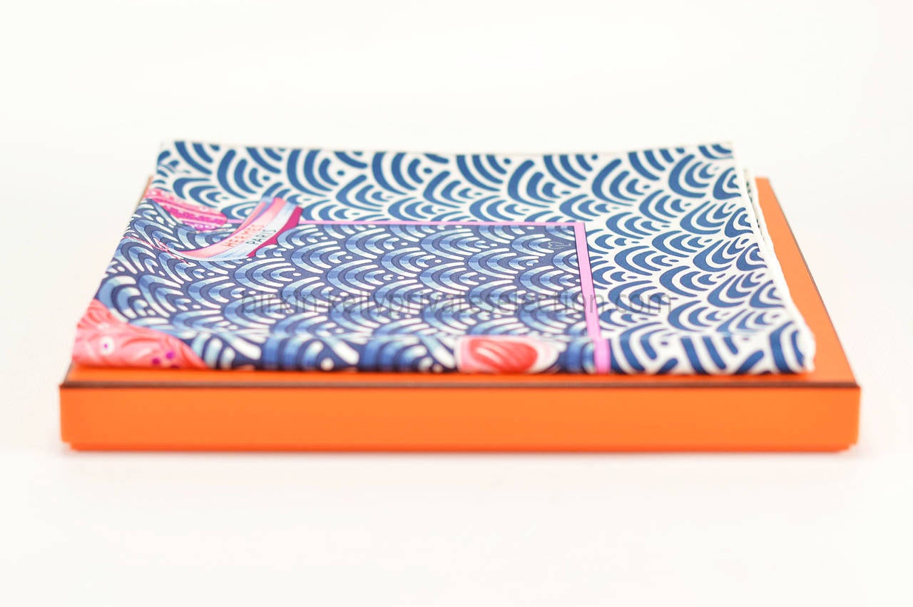 Hermes Carre Twill 100% Silk Bateau Fleuri Blue Pink White 2015. 5