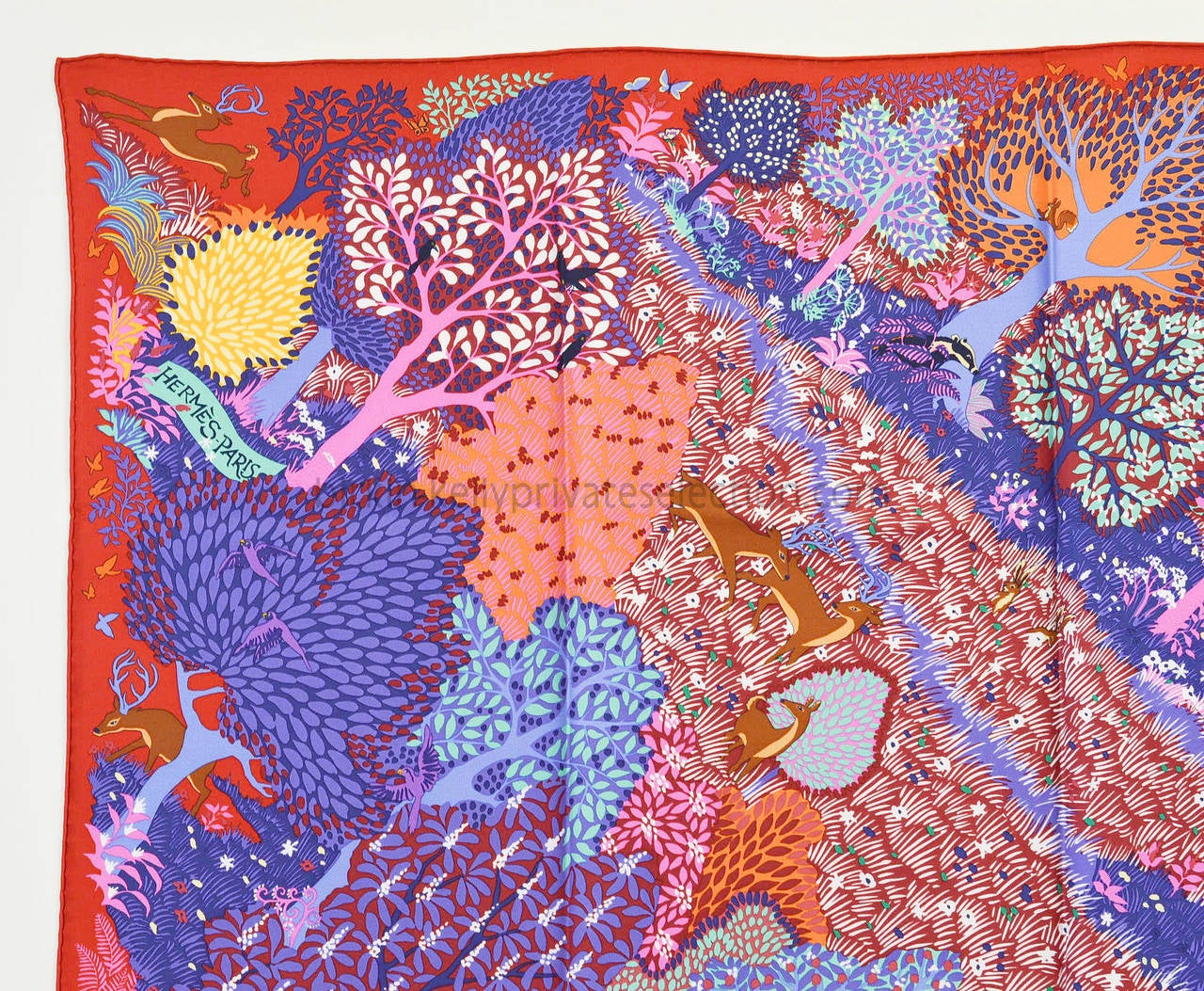 HERMES CARRE Twill Silk DANS UN JARDIN ANGLAIS Red Purple Turquoise 2015.