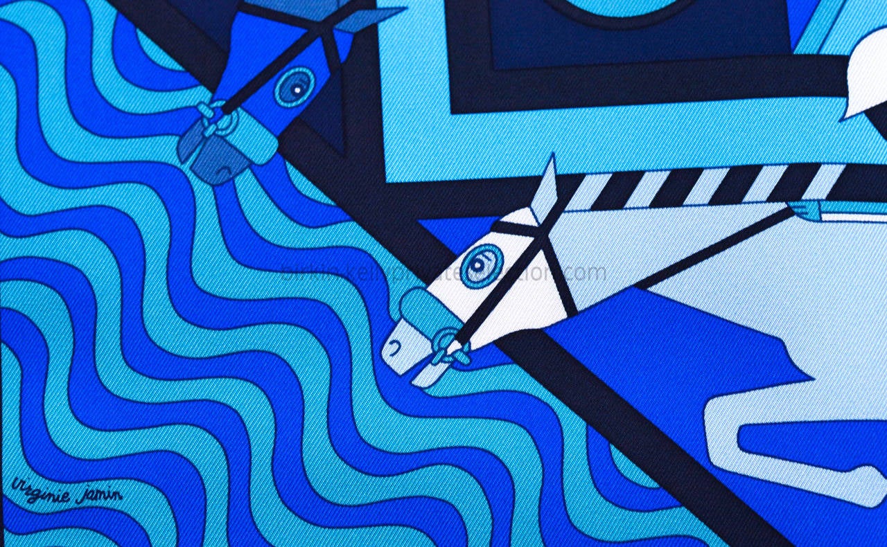 HERMES Carre Twill STEEPLE CHASE Silk TURQUOISE, BLUE SKY, NAVY BLUE 2015. In New Condition In Miami, FL