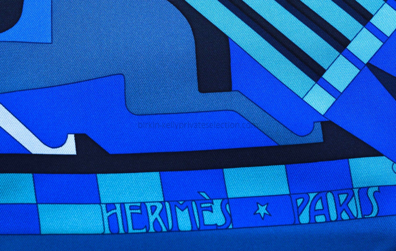 HERMES Carre Twill STEEPLE CHASE Silk TURQUOISE, BLUE SKY, NAVY BLUE 2015. 1