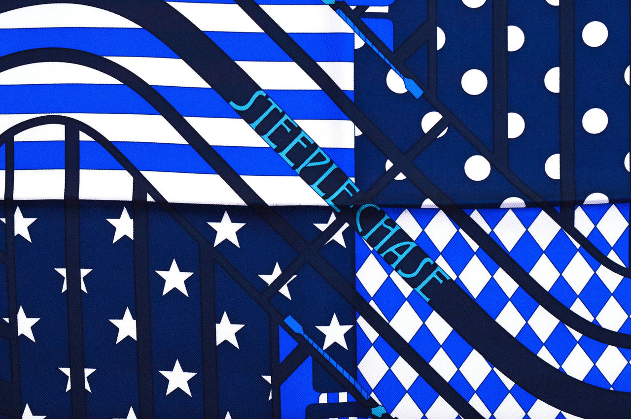 Women's HERMES Carre Twill STEEPLE CHASE Silk TURQUOISE, BLUE SKY, NAVY BLUE 2015.