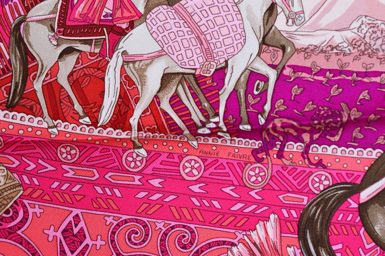 HERMES Carre Twill CAVALIERS DU CAUCASE Silk FUCHSIA, PINK, BEIGE 2015. 4
