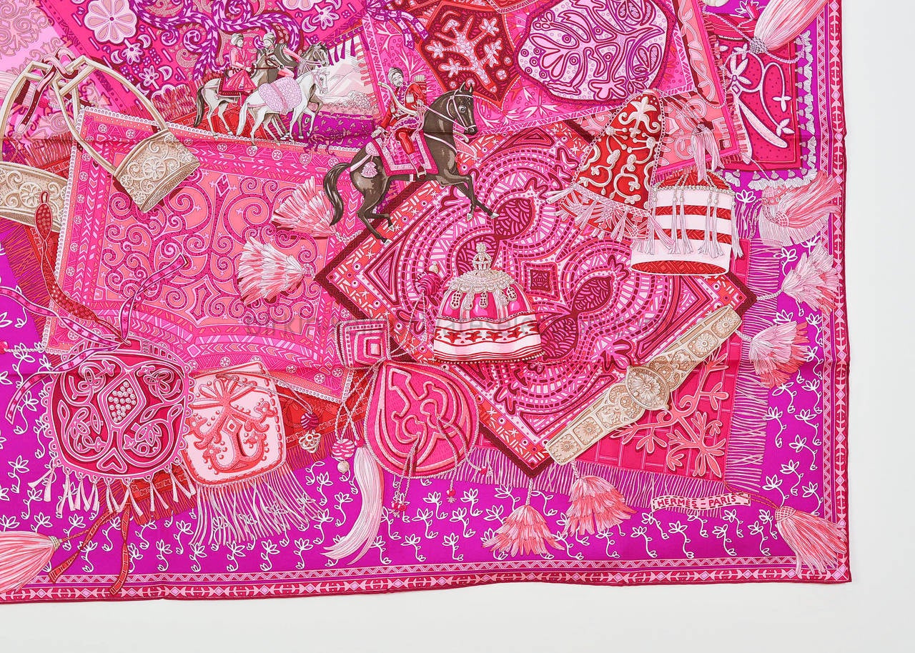 HERMES Carre Twill CAVALIERS DU CAUCASE Silk FUCHSIA, PINK, BEIGE 2015. 1
