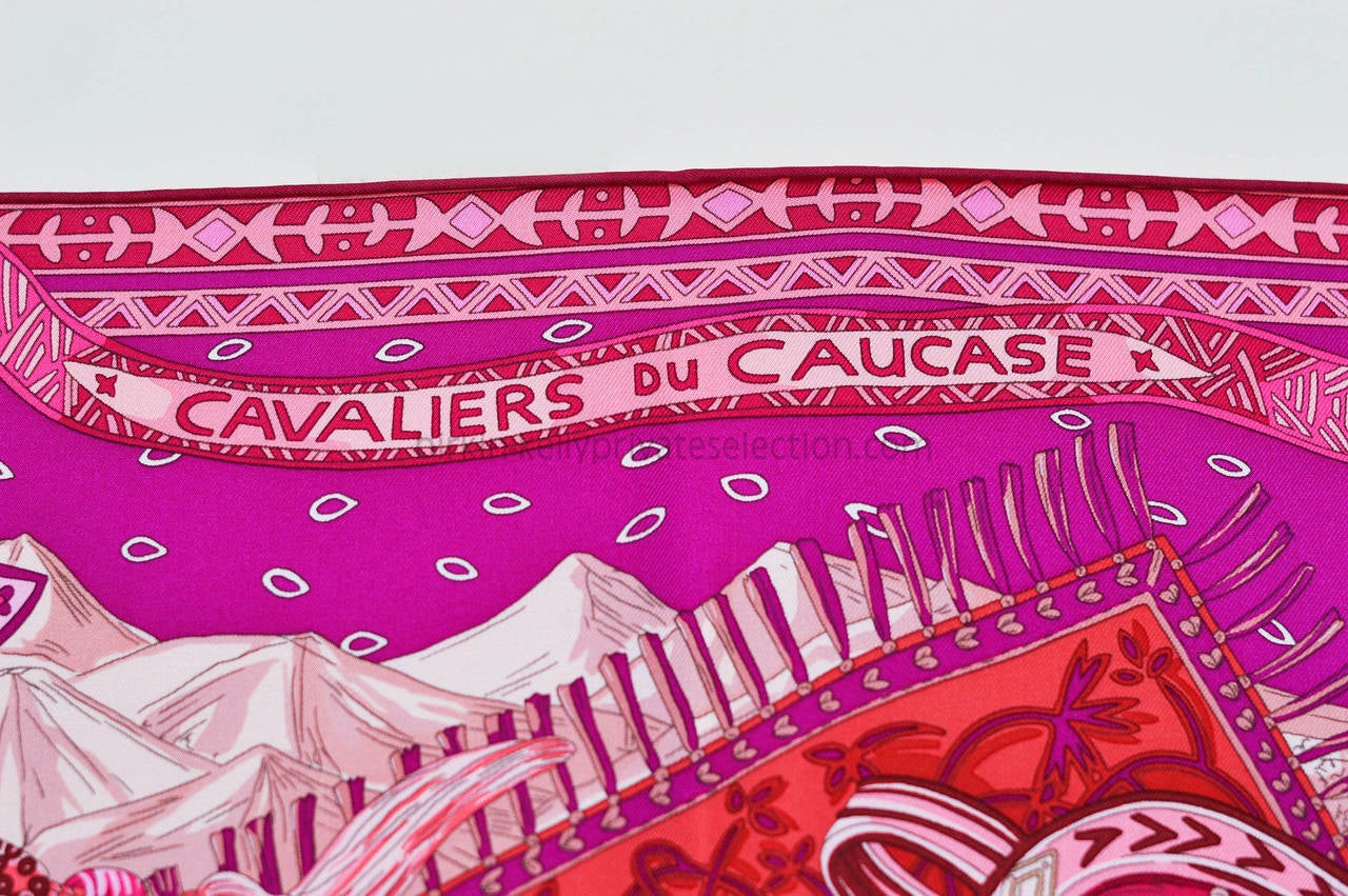 HERMES Carre Twill CAVALIERS DU CAUCASE Silk FUCHSIA, PINK, BEIGE 2015. 3