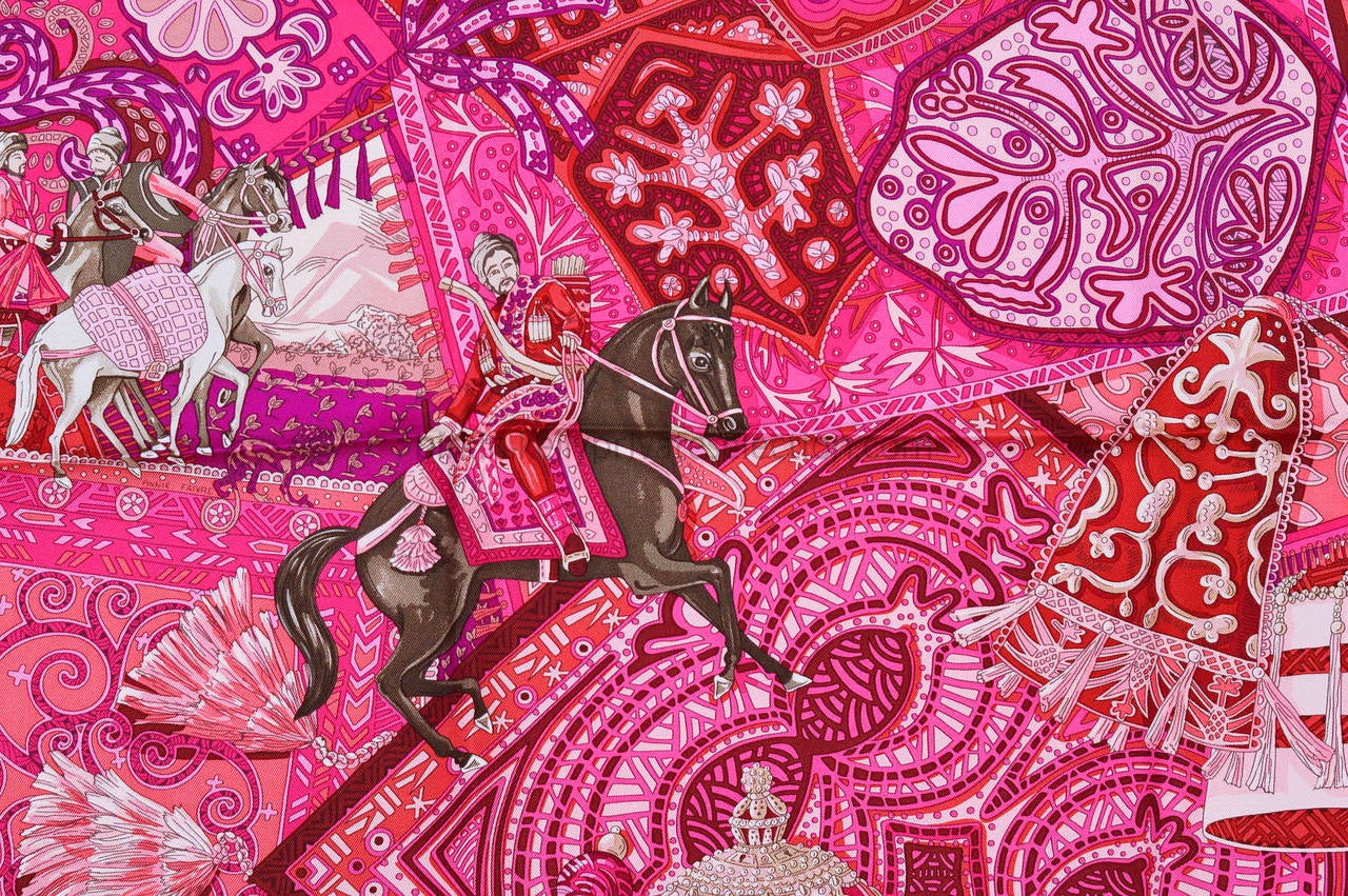 HERMES Carre Twill CAVALIERS DU CAUCASE Silk FUCHSIA, PINK, BEIGE 2015. 2