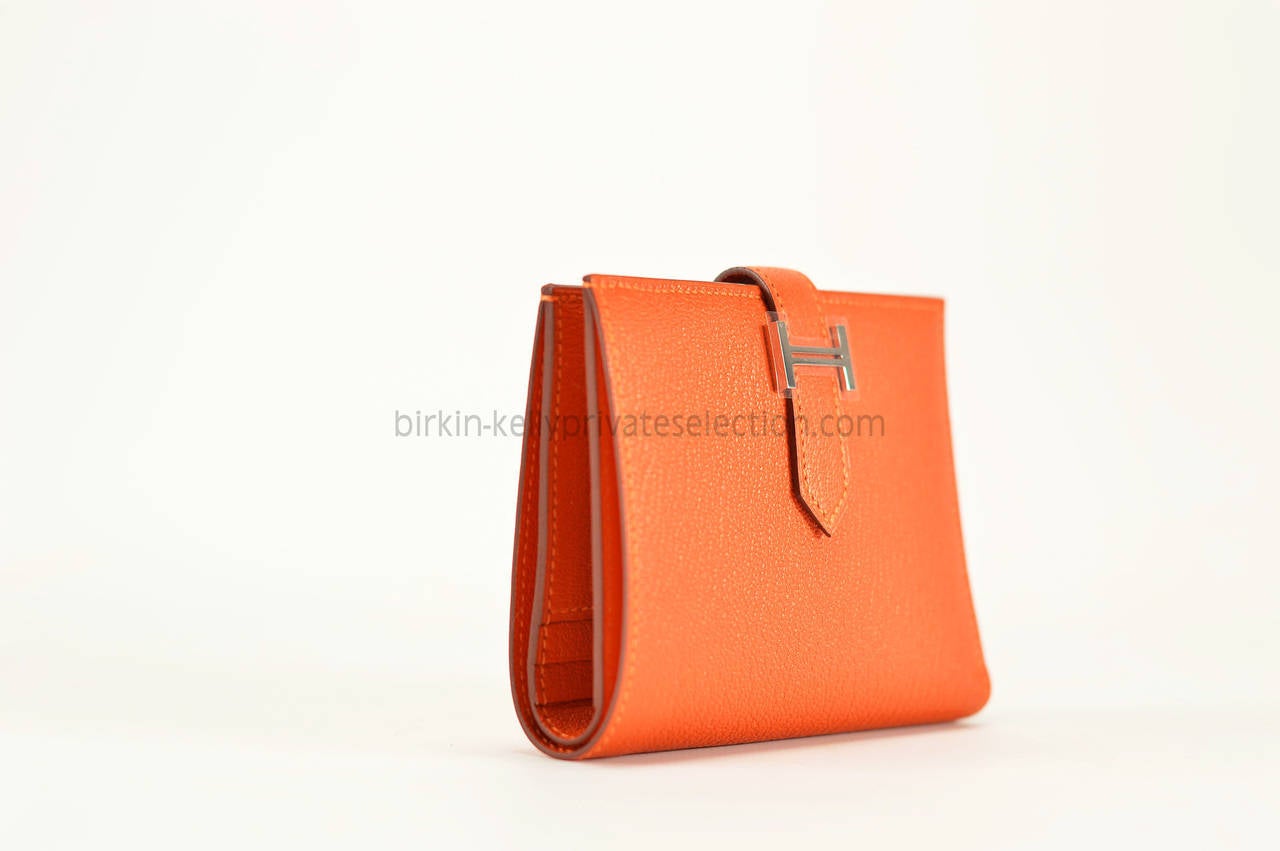 HERMES Wallet BEARN COMPACT Goat Mysore ORANGE Palladium Hardware 2015. In New Condition In Miami, FL