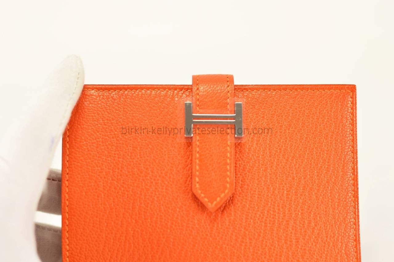 Women's HERMES Wallet BEARN COMPACT Goat Mysore ORANGE Palladium Hardware 2015.
