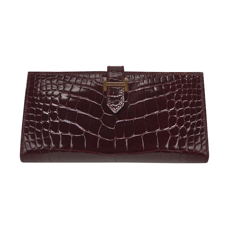 Hermès Alligator Bearn Wallet Bordeaux Gold Hardware