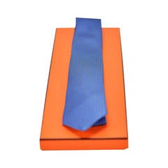 HERMES Tie TWILL Silk Blue Bright Rings Grey Steel 8cm 2015.